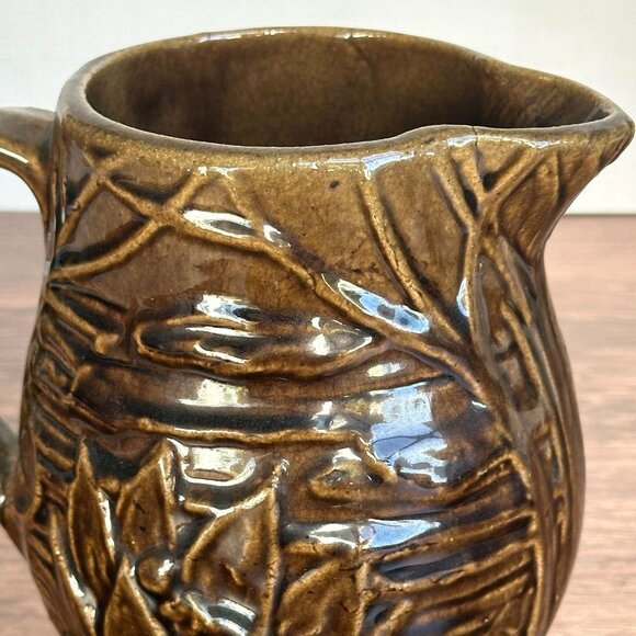 Vintage 1930s McCoy Brown Lotus Water Lily Pitcher 5" Tall Ceramic Embossed - Picture 5 of 9